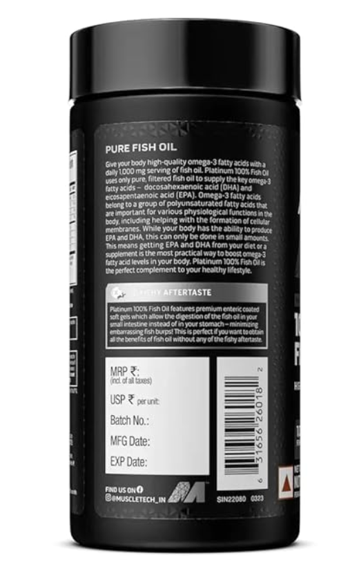 MuscleTech Platinum 100% Fish Oil (100 Softgels, 1000 mg Omega-3 with 180 mg EPA & 120 mg DHA)