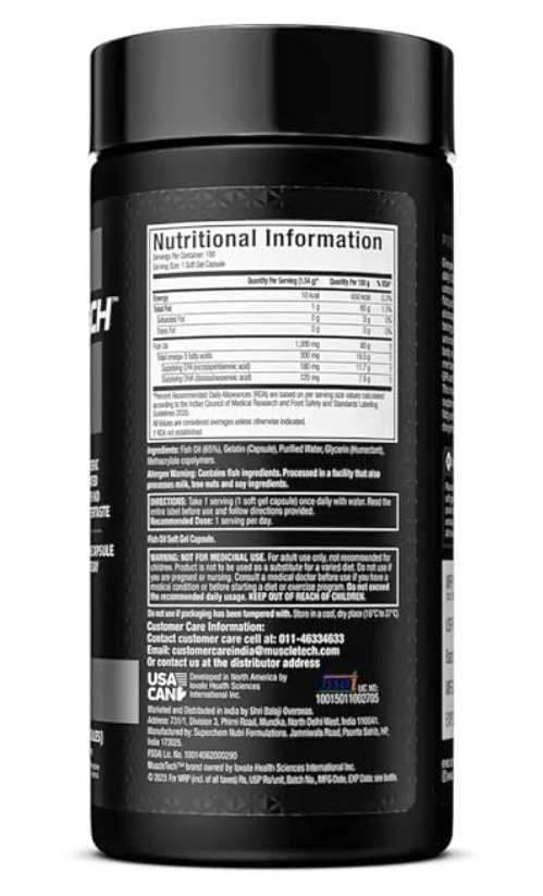 MuscleTech Platinum 100% Fish Oil (100 Softgels, 1000 mg Omega-3 with 180 mg EPA & 120 mg DHA)