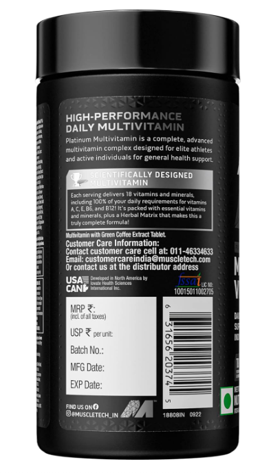 MuscleTech Platinum Multivitamin (60 Tablets, 18 Vitamins & Minerals, with Vitamin C for Immune Support)