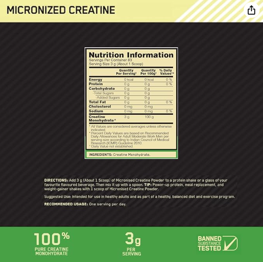 Optimum Nutrition (ON) Micronized Creatine Powder – 250g (65 Servings)